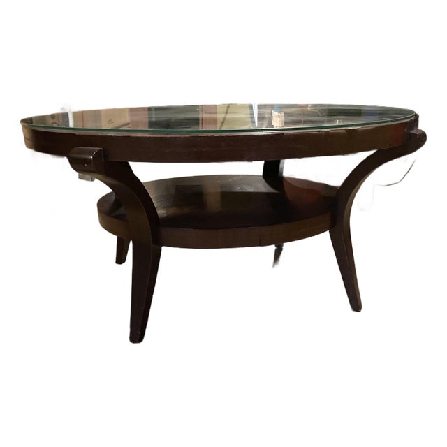 1960s Round Brown Wood Coffee Table W/ Glass Top For Sale