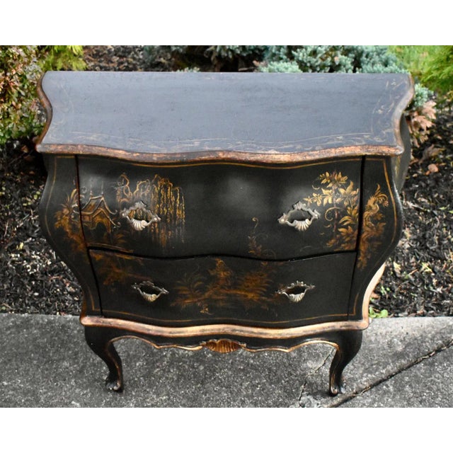 Wood Antique Petite Bombe 2 Drawer Italian Chinoiserie Black Gold Commode For Sale - Image 7 of 13
