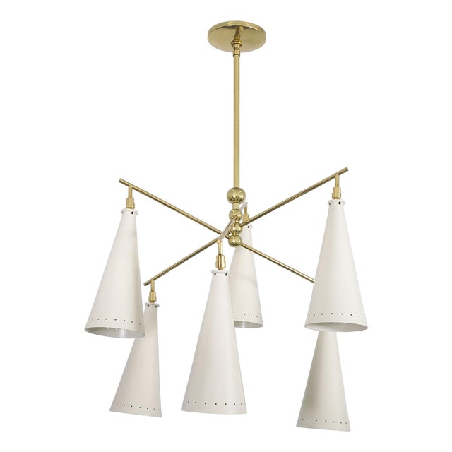 Stilnovo style chandelier with conical shades For Sale