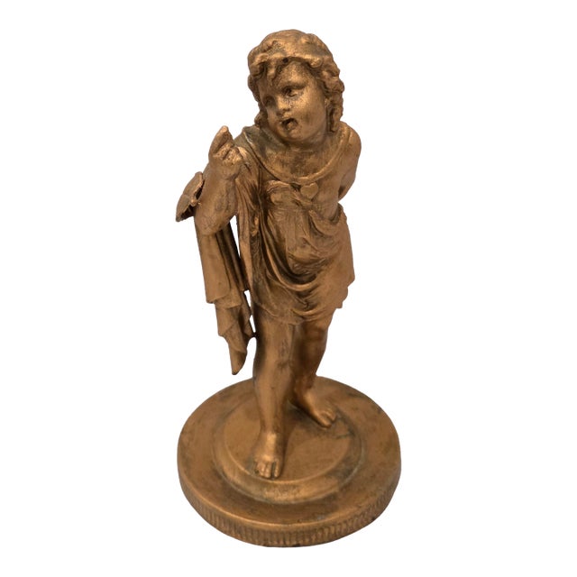 Antique Giltmetal Statue of a Little Girl Wearing a Heart Pendant Necklace For Sale