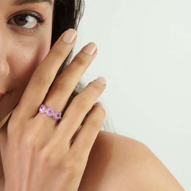 Carat&Her Lotus Three Stone Pink Sapphire Halo Ring in Sterling Silver - Birthday Gift, Size 7 For Sale - Image 9 of 13