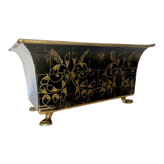 Footed Black and Gold Regency Hand Painted Tole Planter For Sale