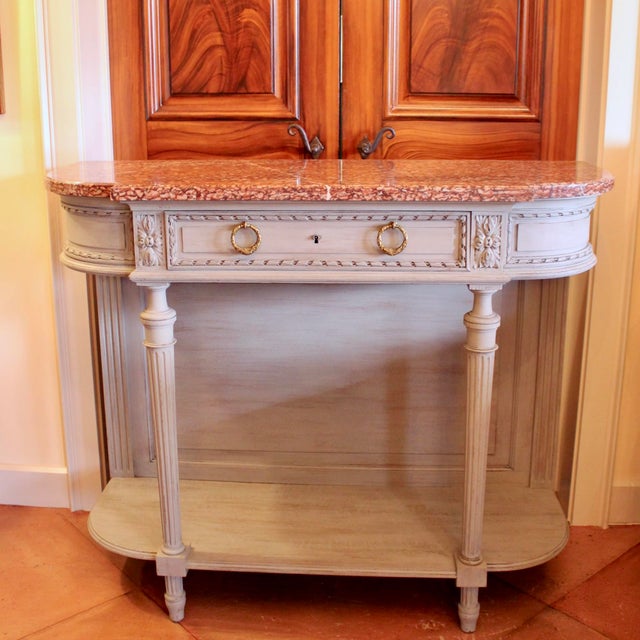 French Provincial Grey Painted Louis XVI Style Console Table With Marble Top For Sale - Image 3 of 12