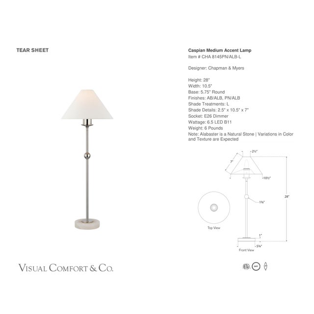 Chapman & Myers by Visual Comfort Signature Caspian Medium Accent Lamp in Polished Nickel and Alabaster with Linen Shade...