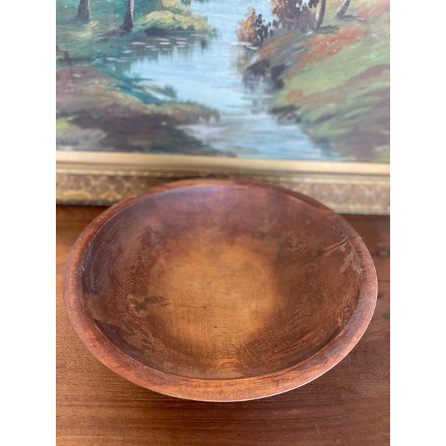Mid 20th Century Mid-20th Century Americana Large Signed Munising Wooden Dough Bowl With Rich Patina and Age Crack For Sale - Image 5 of 7
