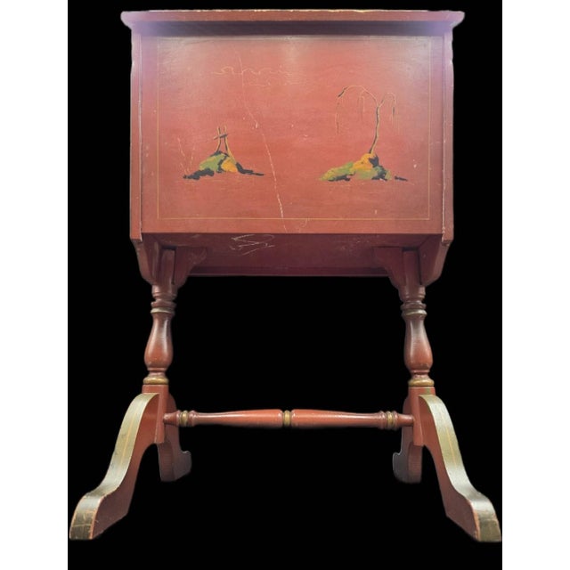 Vintage 20th Century English Style Red Japanned Hinged Two-Sided Flip-Open Sewing Cabinet For Sale - Image 11 of 18