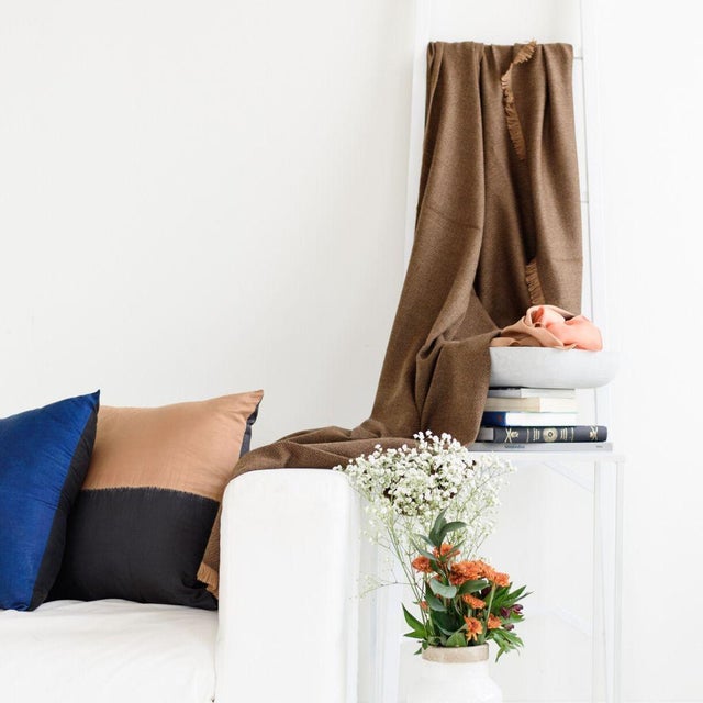 Contemporary Studio Variously Handwoven Merino Dark Brown, Ochre Shade Twill Hay Throw For Sale - Image 9 of 9