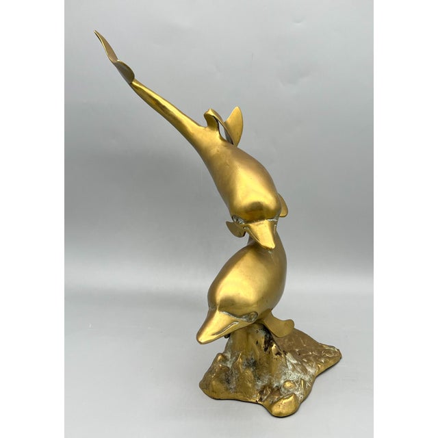 Hollywood Regency Oversized Vintage Brass Double Dolphin Figure For Sale - Image 3 of 11