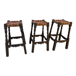 Vintage RusticWoven Leather Stools- Set of 3 For Sale