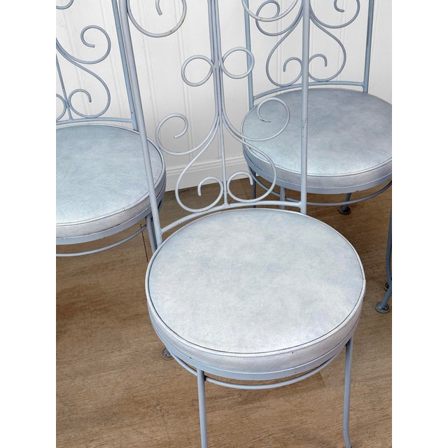 Vintage French Blue Wrought Iron Tall Back Garden Patio Chairs - Set of 4 For Sale - Image 6 of 13