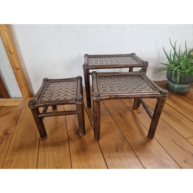 Vintage Manou Bamboo Nesting Tables, 1970s, Set of 3, in Flawless conditions. Designed 1970 to 1979
