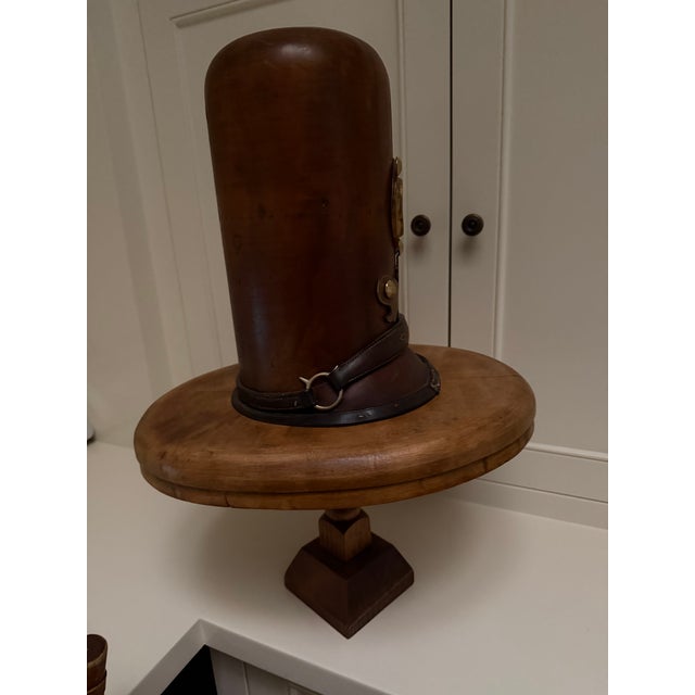 Early 20th Century English Bobby Wood Vintage Hat Form Stand With Brass & Leather Details For Sale - Image 5 of 9