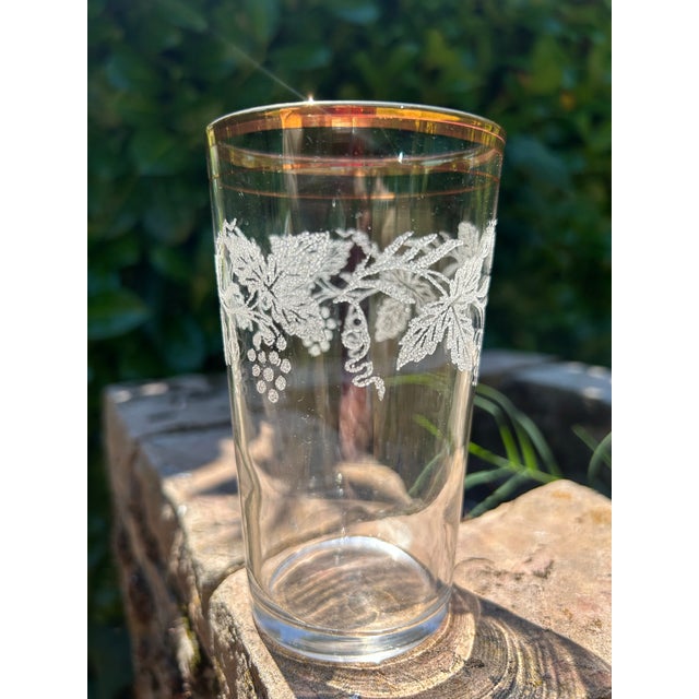 1950s Set of Six Mid Century Modern Bartlett Collins Highball Glasses- Beautifully Designed Grapevines Around Upper Half of Glasses With 24k Gold Trim For Sale In Sacramento - Image 6 of 11