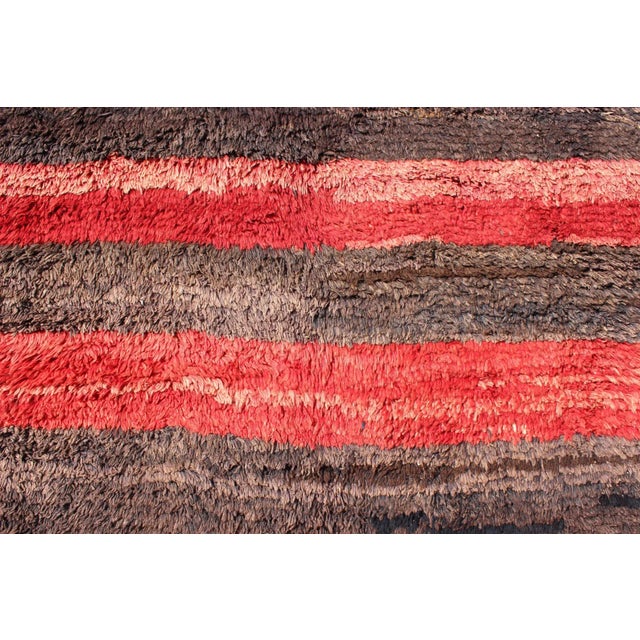 Brown Vintage Tulu Rug From Turkey in Charcoal and Red With Stripe Design, Minimalist Design For Sale - Image 8 of 12