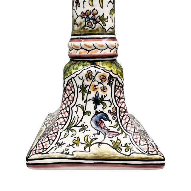 Rustic European Pair of Hand-Painted Portuguese Faience Candlesticks by C. Melo With Birds, Dog, Castle & Deer – Folk Art / European Traditional For Sale - Image 3 of 18