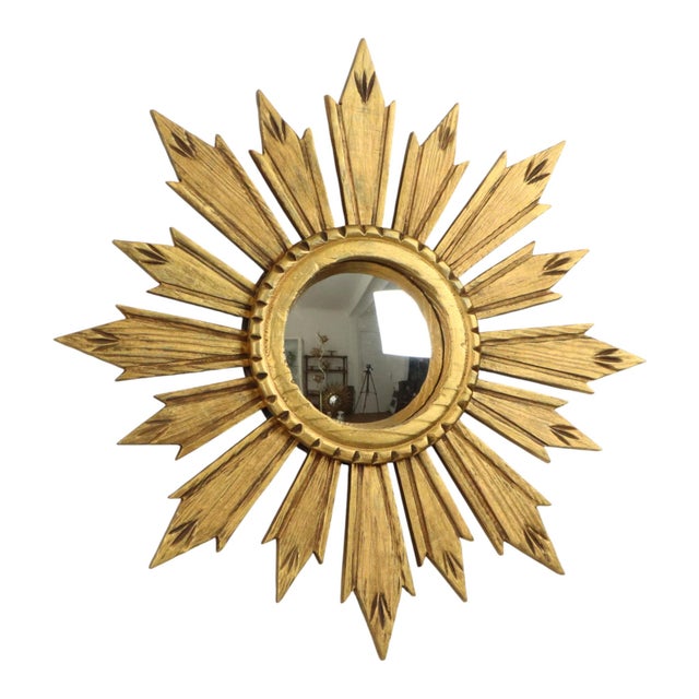 Vintage Wooden Sunburst Sun Mirror in Convex, France, 1950s For Sale - Image 6 of 17