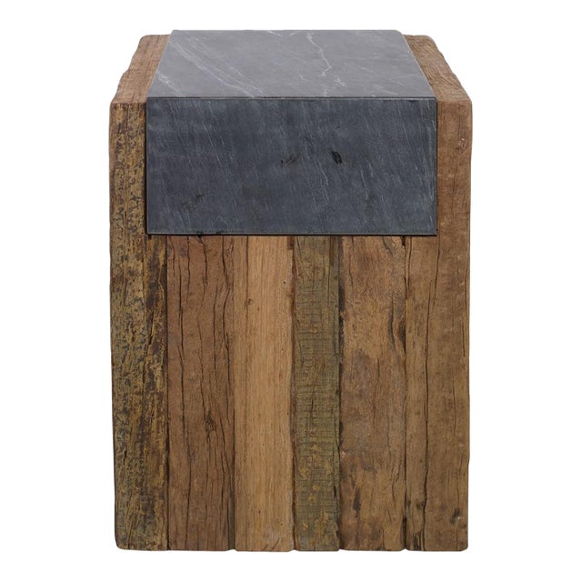 Reclaimed Wood Grey Stone Side Table For Sale