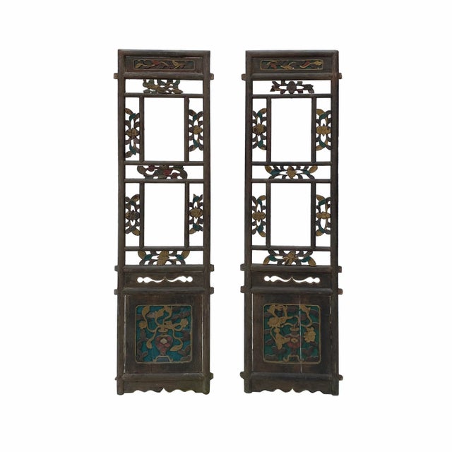 Wood Pair Chinese Vintage Restored Wood Brown Flower Carving Wall Hanging Art For Sale - Image 7 of 7