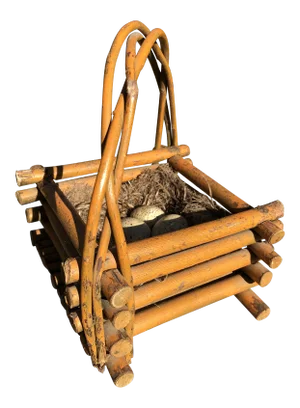 Vintage 1960s Bent Wood Egg Basket with Birds Nest and Faux Eggs