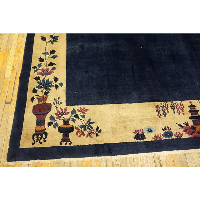 Beige Border and Navy Color Field Underscores Floral Chinoiserie Style Chinese Art Deco Rug For Sale - Image 11 of 12