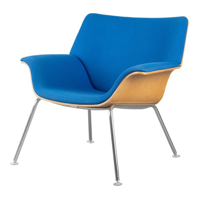 Herman Miller Swoop Plywood Lounge Chairs by Brian Kane in Original Blue Fabric Ash and Polished Chrome For Sale