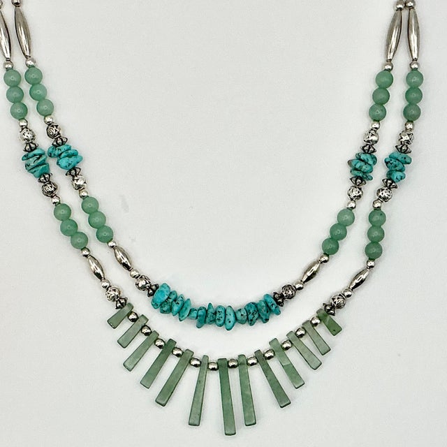 1970s Vintage Southwestern Mexican Boho Chic Double Strand Sterling, Turquoise & Jade Necklace For Sale - Image 12 of 18