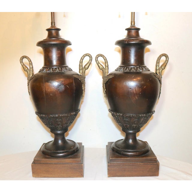 Wood 1940s Pair of 2 Large Antique Hand Carved Wood Brass Swan Sculpture Urn Style Lamps For Sale - Image 7 of 12