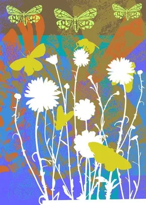 "Graphic Flowers, Butterflys" Contemporary Colorful Art Print