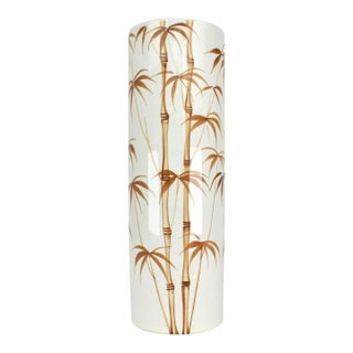 Vintage Porcelain Chinese Vase Palm Trees Brown White | Antique Retro Mid Century Decorative Cylinder | Asian Chinoiserie Maximalist Decor For Sale