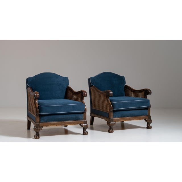 Pair of Early 20th Century British Navy Blue Edwardian Velvet Upholstered Armchairs with Cane Panels For Sale - Image 14 of 15