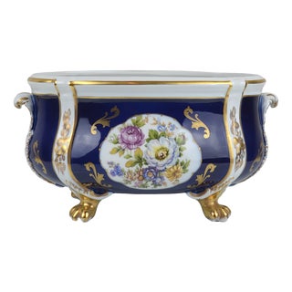 Cobalt Blue and Gilt Porcelain Jardinière, Portugal, 1950s For Sale