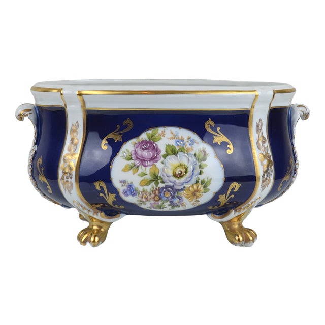 Cobalt Blue and Gilt Porcelain Jardinière, Portugal, 1950s For Sale