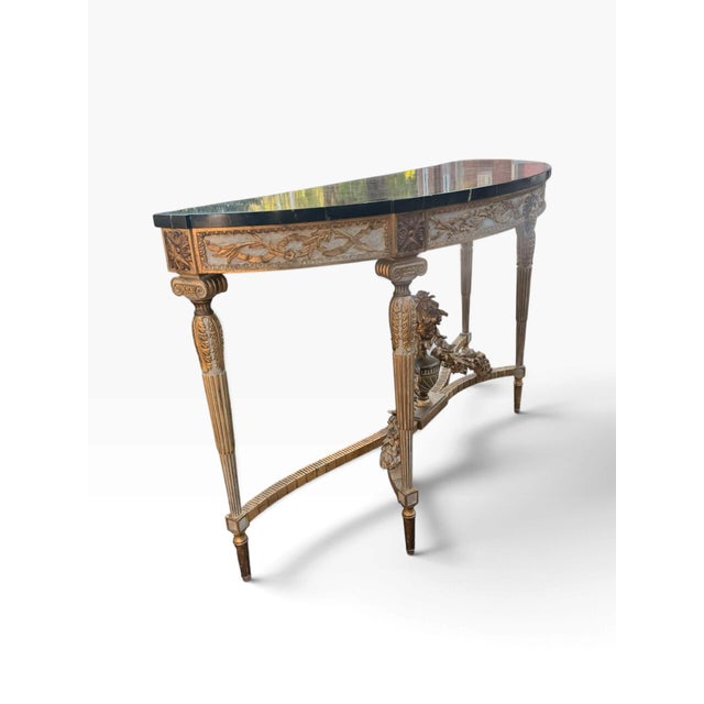 Louis XVI-Style Giltwood Demi-Lune Console Table With Trompe-L’Œil Marble Top For Sale - Image 4 of 11