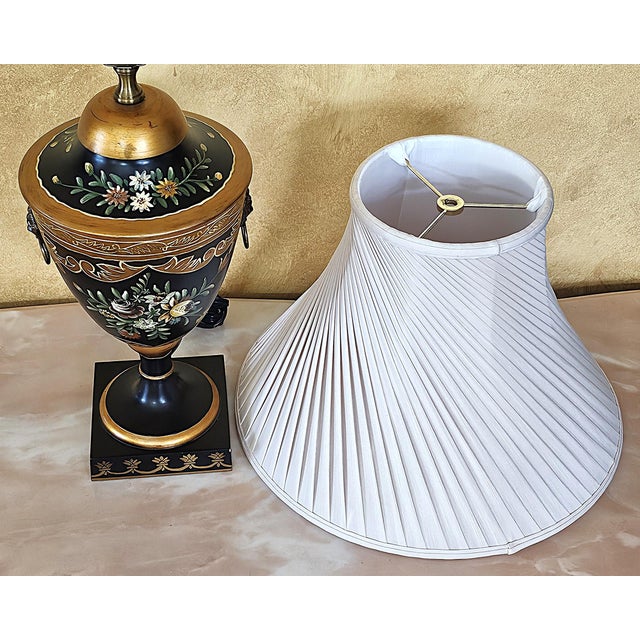 Metal Wildwood Hand Painted Toleware Urn Table Lamp, Rocky Mount Nc, Floral Black & Gold For Sale - Image 7 of 18