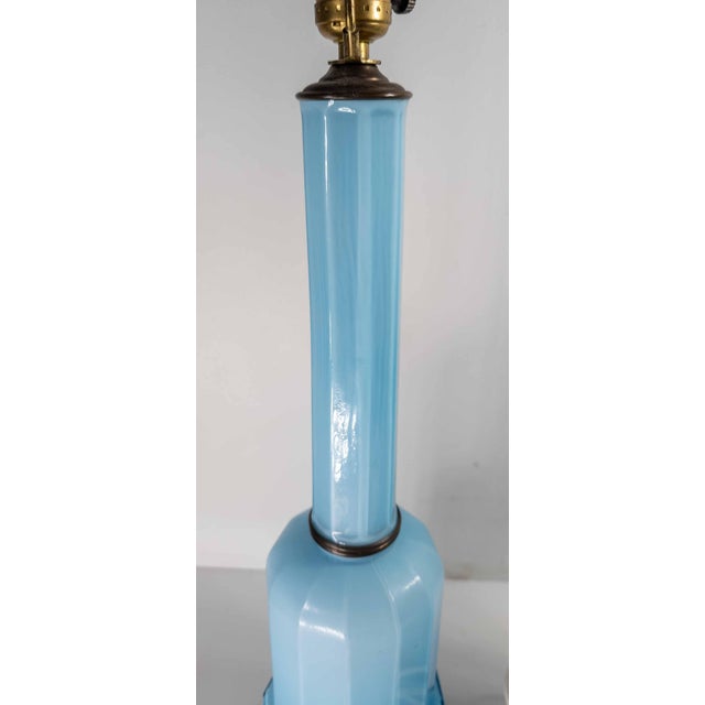 Metal Early 20th Century Pair of French Baby Sky Blue Opaline Glass Table Lamps For Sale - Image 7 of 14