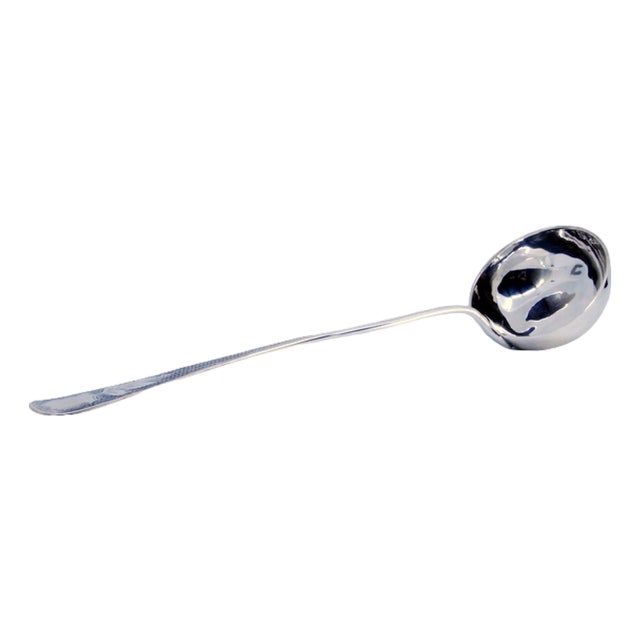 Guilloche Silver Soup Ladle with Palm Handle and Monogram Card For Sale