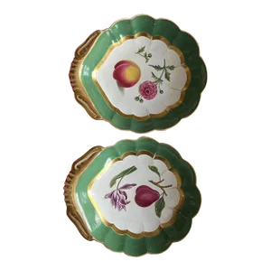 Antique Early 19th Century Coalport Porcelain Botanical Shell Shaped Serving Dishes - a Pair