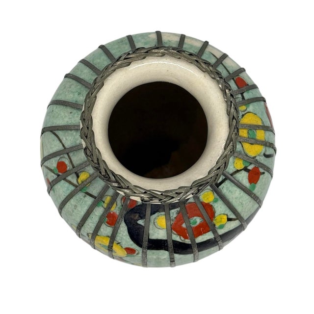 Mid 20th Century Japanese Silver Wire Wrapped Hand Painted Pottery Vase With Multicolored Floral Design For Sale In Washington DC - Image 6 of 12