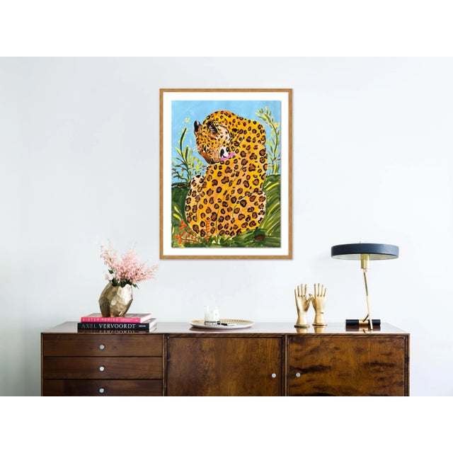 Contemporary Licking Leopard by Jelly Chen in Gold Framed Paper, Medium Art Print For Sale - Image 3 of 4