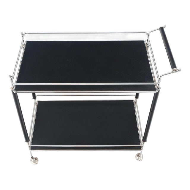 Black Lacquer & Chrome Bauhaus Two Tier Serving Cart on Wheels c.1940s MINT For Sale