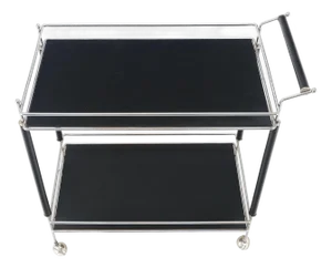 Black Lacquer & Chrome Bauhaus Two Tier Serving Cart on Wheels c.1940s MINT
