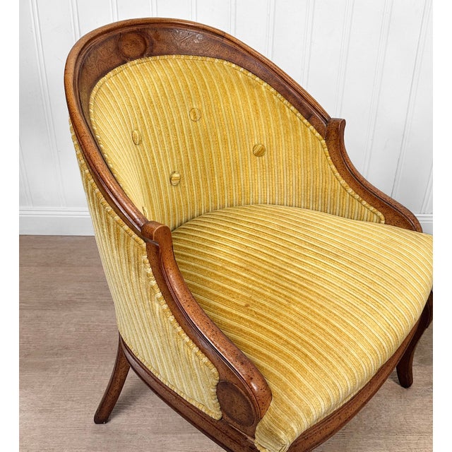 Vintage Neoclassical Gold Stripped Mahogany Barrel Club Chairs - A Pair For Sale - Image 9 of 11
