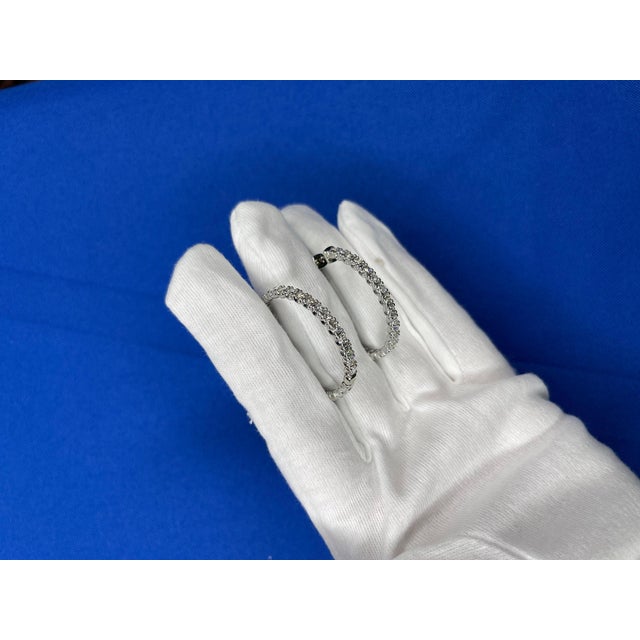 Silver 3 Carat Diamond Hoop 14 Karat White Gold Classic Medium Four Carat Earrings, A Pair For Sale - Image 8 of 13