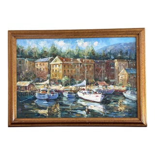 K. Hillman Original Framed Oil Painting on Canvas Sailboats on Mediterranean Harbor Canal in Italy Signed by Artist 1960s For Sale