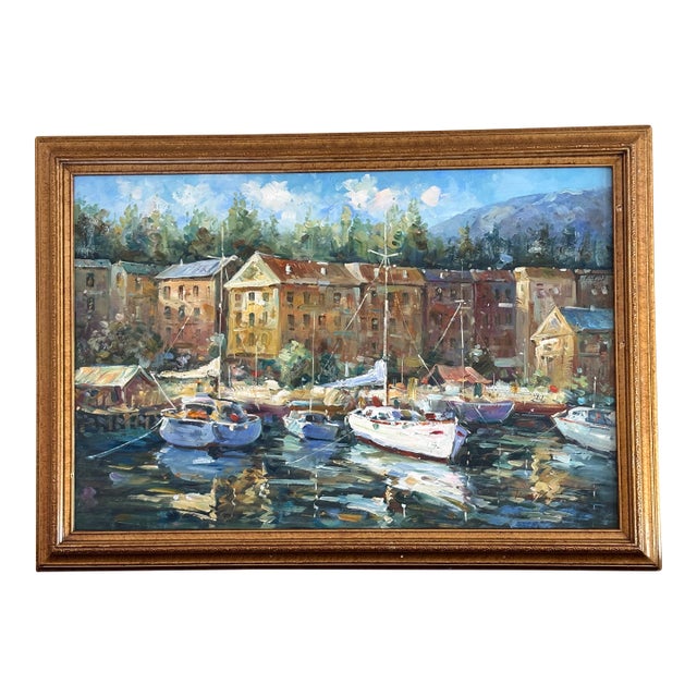 K. Hillman Original Framed Oil Painting on Canvas Sailboats on Mediterranean Harbor Canal in Italy Signed by Artist 1960s For Sale