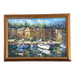 K. Hillman Original Framed Oil Painting on Canvas Sailboats on Mediterranean Harbor Canal in Italy Signed by Artist 1960s