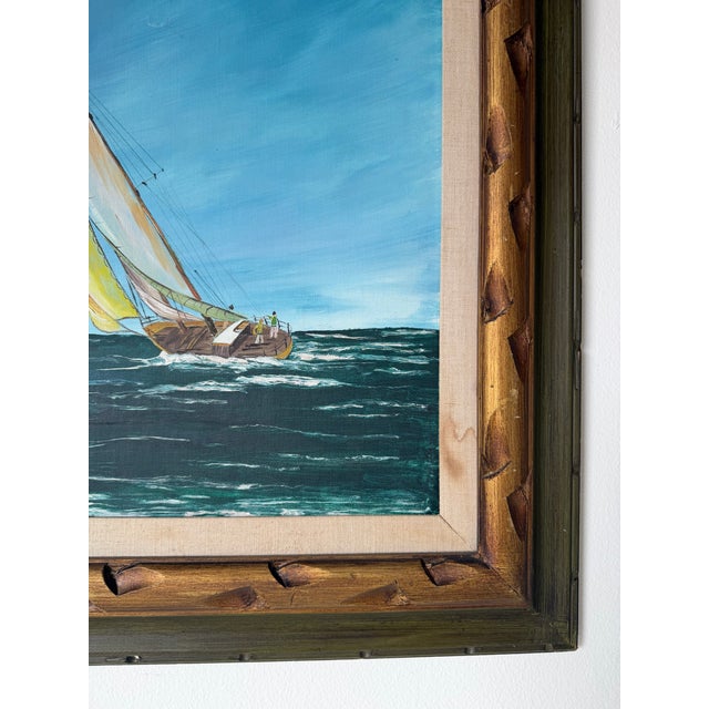 Vintage Sailboat Seascape Oil Painting on Board – Framed For Sale - Image 10 of 15