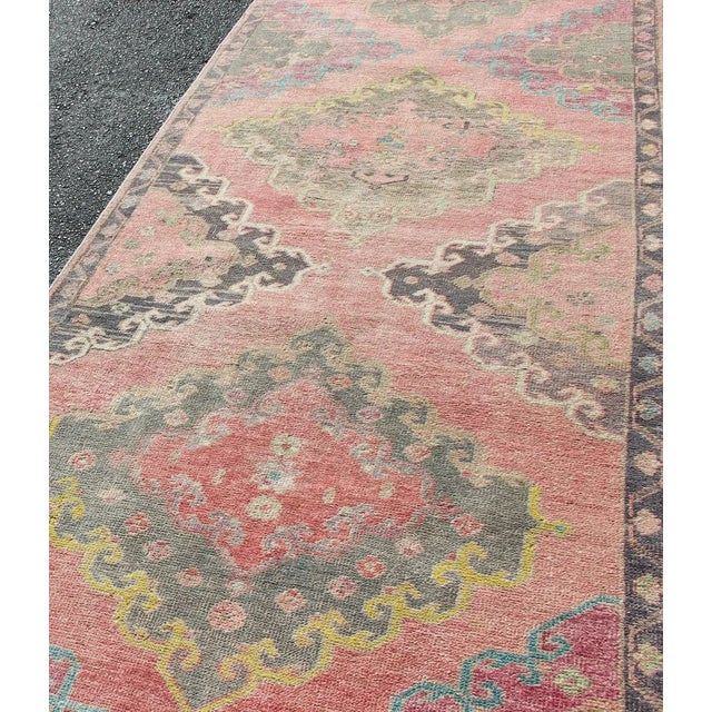 Mid 20th Century Colorful Vintage Hand Knotted Turkish Oushak Runner in Muted Tones For Sale - Image 5 of 13