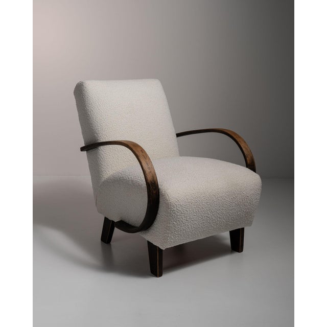 Wood 20th Century Czech Republic Deep Espresso Brown Upholstered Bench With Wool Boucle Top For Sale - Image 7 of 11