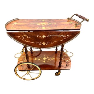Italian Marquetry Lacquered Drop Leaf Walnut and Brass Bar Cart For Sale